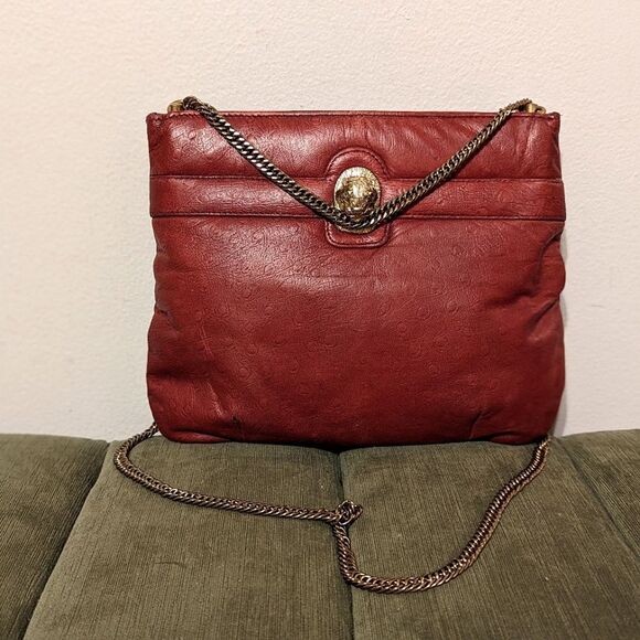 Vintage Ruth Saltz Shoulder Bag Retro 80s Burgundy Ostrich Leather Cougar Head - Picture 1 of 12